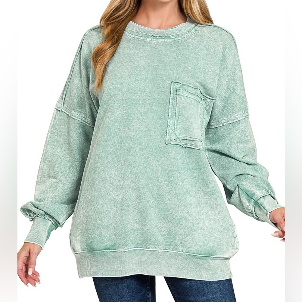 NWT Zenana Green Acid Wash French Terry Oversized Crewneck Sweatshirt